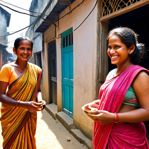Home 4 **Authentic Cultural Immersion in Bangladesh:** A friendly local guide smiles warmly, introducing a curious foreign traveler to a traditional artisan in a bustling, narrow Bangladeshi alleyway. The scene is vibrant with colorful saris and intricate pottery, bathed in natural light, showcasing genuine human connection and the joy of discovering hidden cultural treasures.
