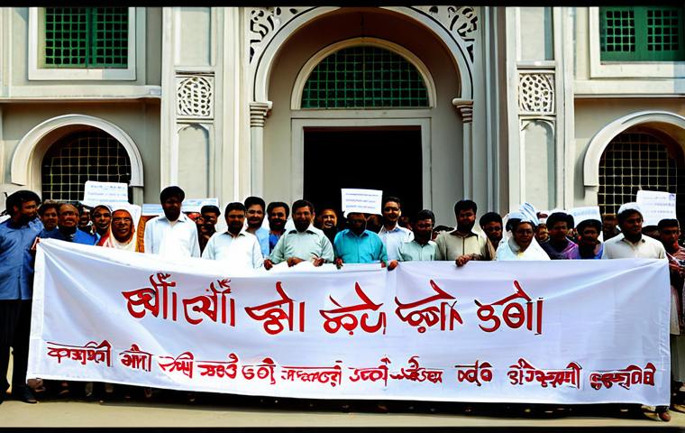 **

"A diverse group of people, fully clothed in modest attire, participating in a peaceful demonstration, holding banners with Bengali script, set against the backdrop of a historical building in Dhaka, Bangladesh, safe for work, appropriate content, perfect anatomy, natural proportions, professional photojournalism, high quality, professional"

**