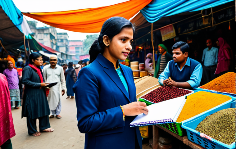**

"A professional female journalist in a modest, dark blue business suit, holding a microphone and notepad, reporting live from a bustling marketplace in Dhaka, Bangladesh. Background includes colorful stalls with textiles and spices, with many blurred background people. Fully clothed, appropriate attire, safe for work, perfect anatomy, natural proportions, professional photography, high quality."

**