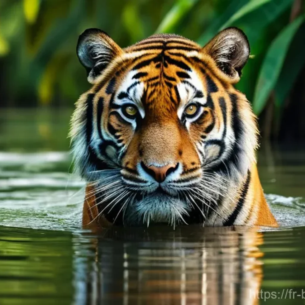 벵골 호랑이 서식지 순다르반스 - **A majestic Bengal tiger gracefully navigating the unique watery landscape of the Sundarbans.** The...