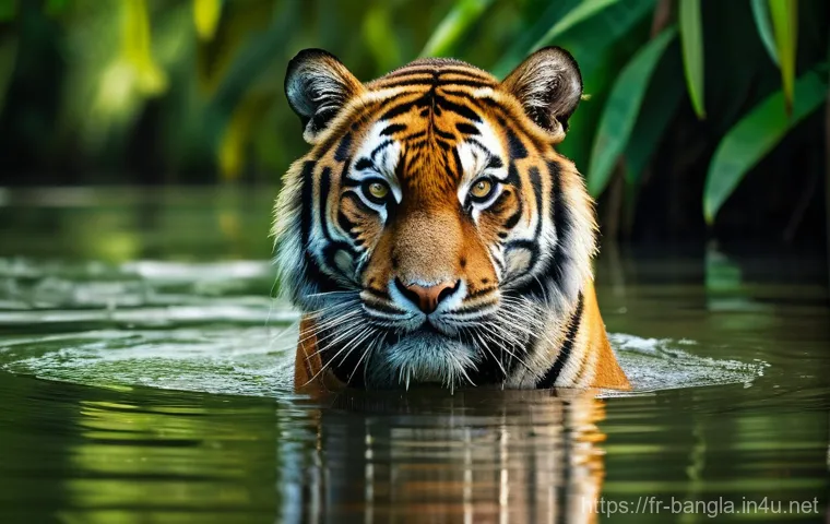 벵골 호랑이 서식지 순다르반스 - **A majestic Bengal tiger gracefully navigating the unique watery landscape of the Sundarbans.** The...