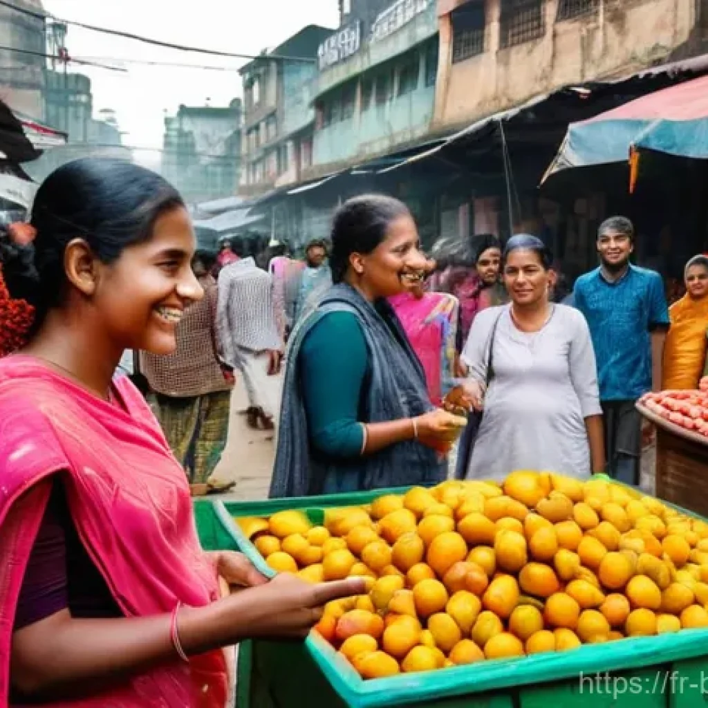 방글라데시 벵골어 학습법 - **Immersive Market Learning:** A vibrant and bustling local market scene in Bangladesh. A young adul...