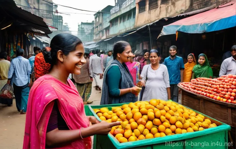 방글라데시 벵골어 학습법 - **Immersive Market Learning:** A vibrant and bustling local market scene in Bangladesh. A young adul...