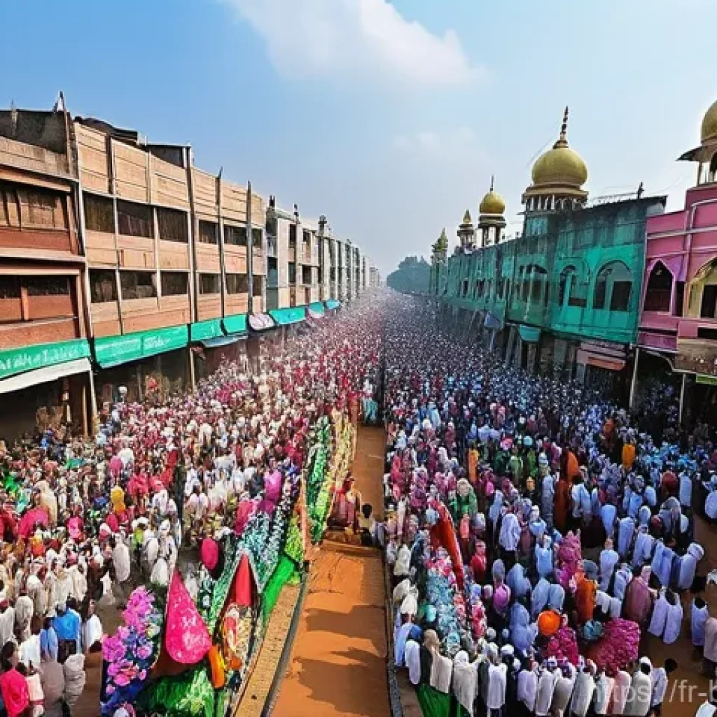 방글라데시 이슬람 문화 - **A Vibrant Eid al-Fitr Celebration in a Bustling Bangladeshi City**
    An energetic street scene d...