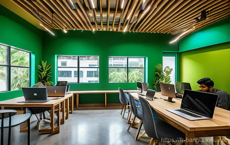방글라데시와 세계 경제의 연결점 - A vibrant, modern co-working space in Dhaka, Bangladesh. Young, diverse Bangladeshi men and women, c...