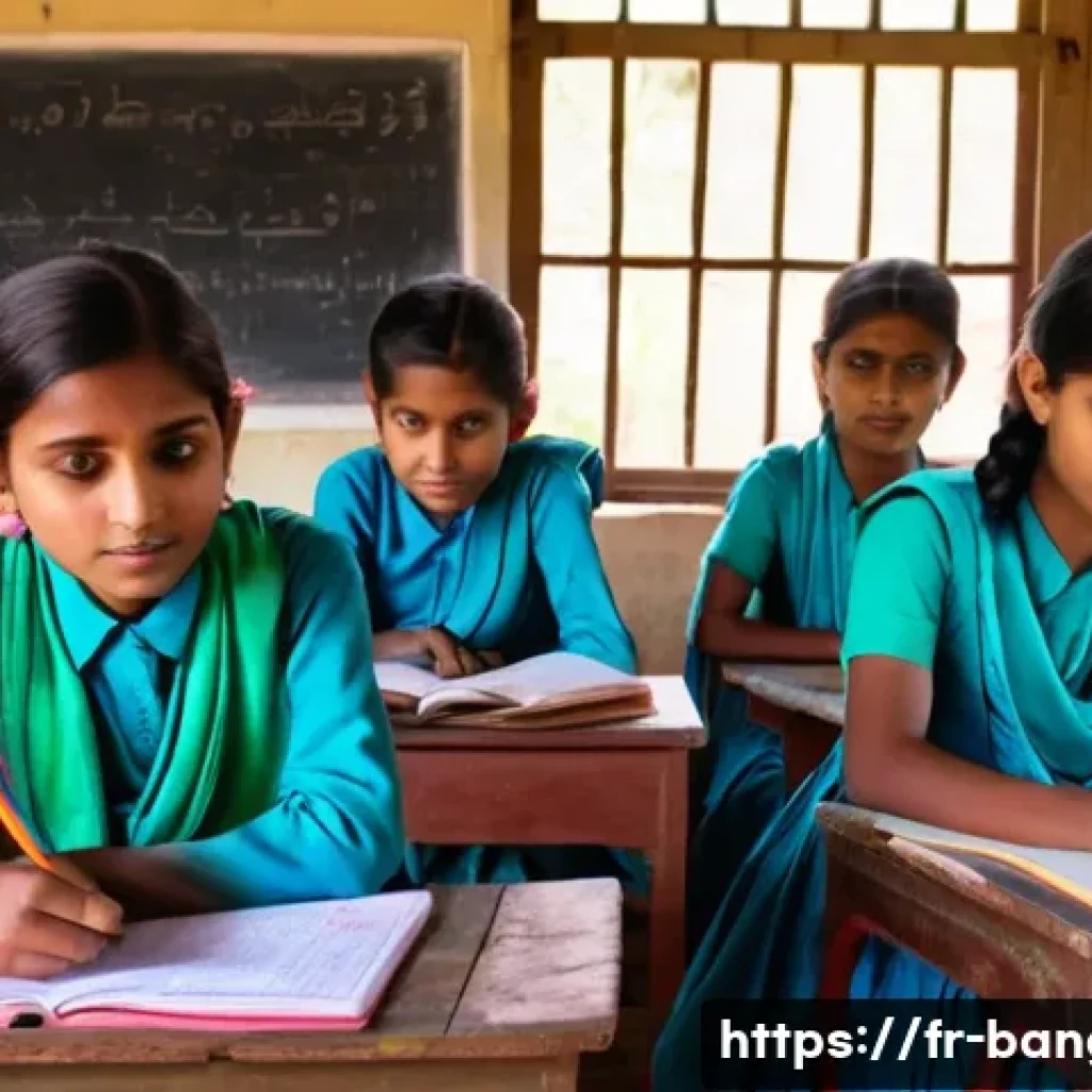 방글라데시 여성 복지 문제 - A vibrant rural classroom scene in Bangladesh showing young girls wearing colorful traditional cloth...