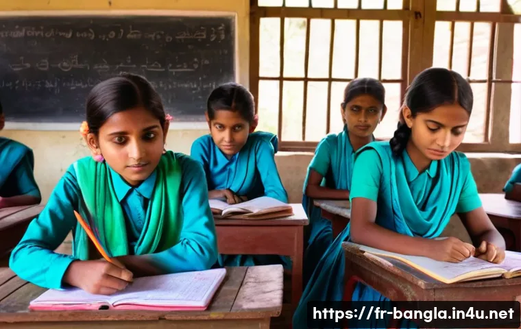 방글라데시 여성 복지 문제 - A vibrant rural classroom scene in Bangladesh showing young girls wearing colorful traditional cloth...