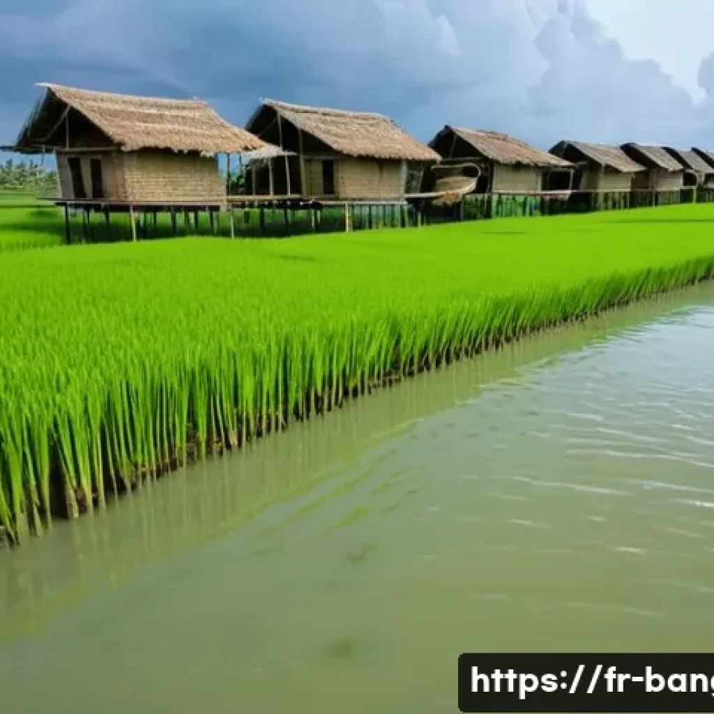 방글라데시의 수자원 관리 - A vibrant scene of a rural Bangladeshi village during the monsoon season, showcasing traditional sti...