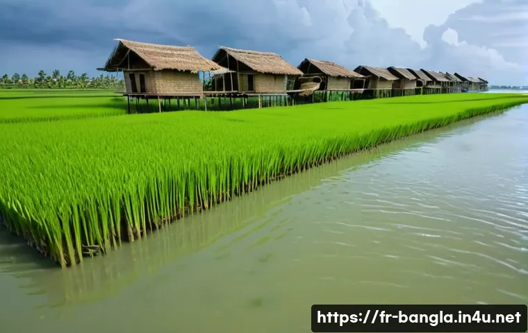 방글라데시의 수자원 관리 - A vibrant scene of a rural Bangladeshi village during the monsoon season, showcasing traditional sti...