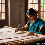 방글라데시 전통 직물 잼다니 Jamdani - A serene artisan workshop in Bengal featuring skilled weavers at traditional wooden looms, meticulou...