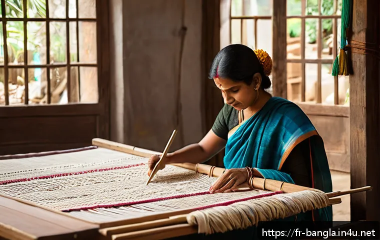 방글라데시 전통 직물 잼다니 Jamdani - A serene artisan workshop in Bengal featuring skilled weavers at traditional wooden looms, meticulou...