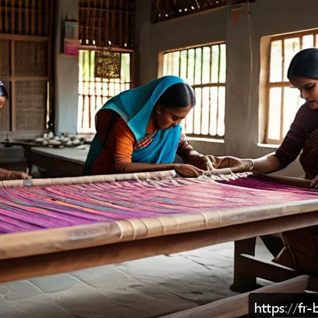 방글라데시의 전통 직물 공예 - A serene artisan workshop scene in Bangladesh featuring skilled weavers at traditional wooden handlo...