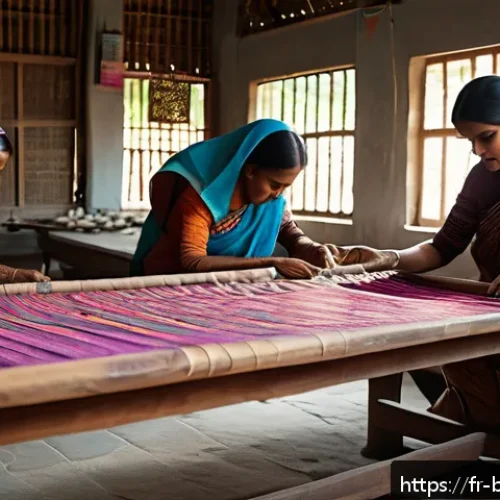 방글라데시의 전통 직물 공예 - A serene artisan workshop scene in Bangladesh featuring skilled weavers at traditional wooden handlo...