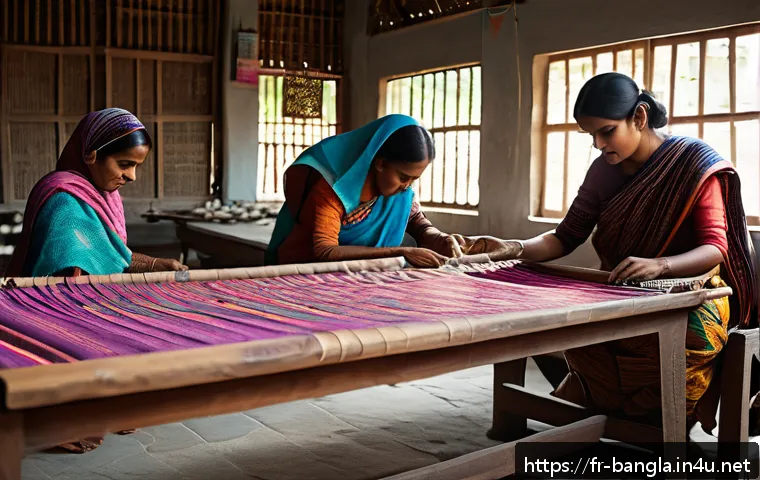 방글라데시의 전통 직물 공예 - A serene artisan workshop scene in Bangladesh featuring skilled weavers at traditional wooden handlo...