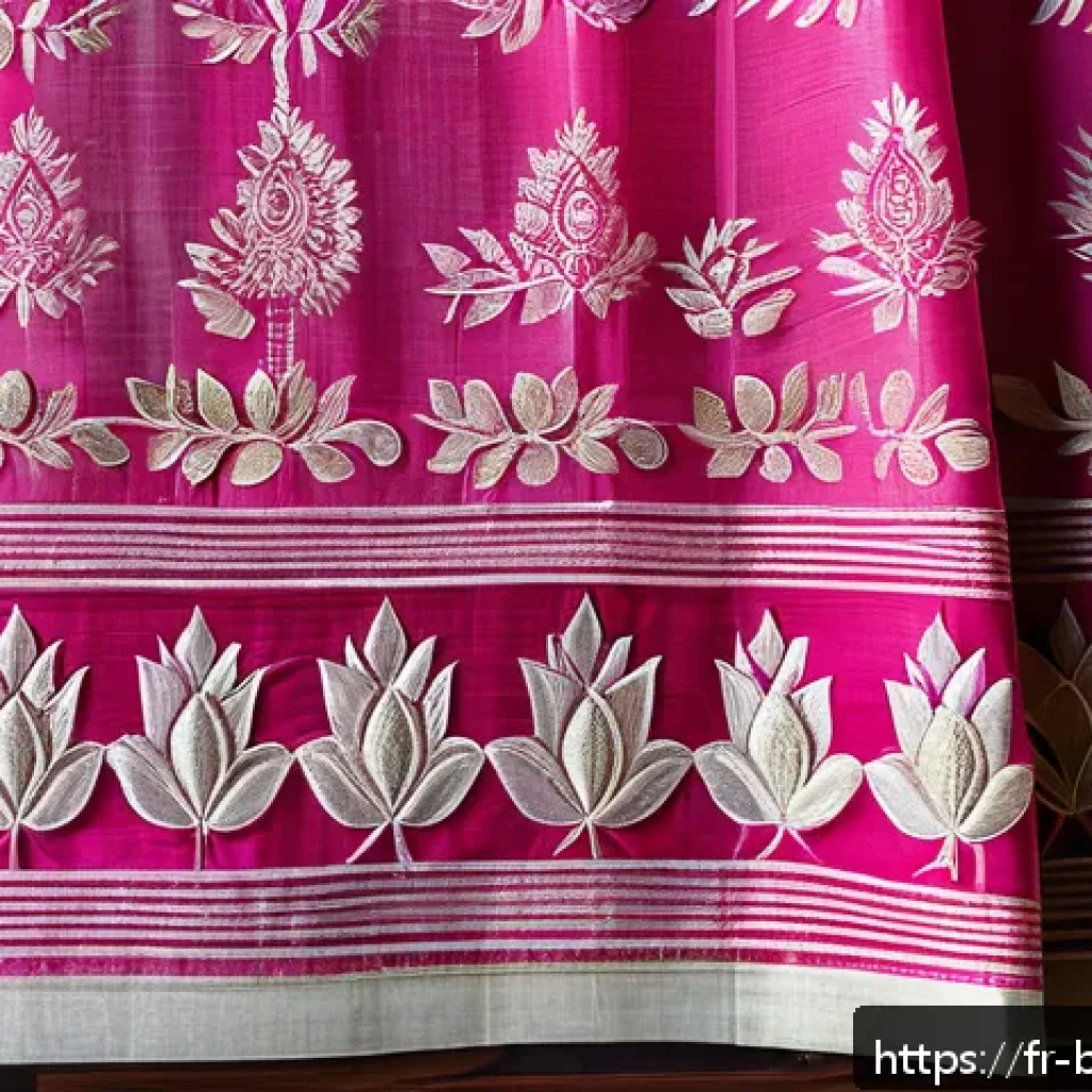 방글라데시 전통 무늬와 패턴 - A detailed close-up of a traditional Bangladeshi sari fabric showcasing an intricate lotus motif sym...