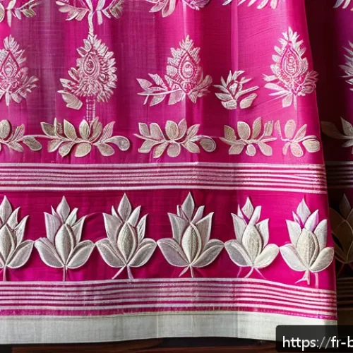 방글라데시 전통 무늬와 패턴 - A detailed close-up of a traditional Bangladeshi sari fabric showcasing an intricate lotus motif sym...