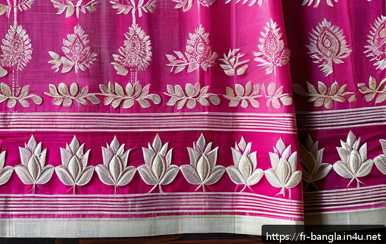방글라데시 전통 무늬와 패턴 - A detailed close-up of a traditional Bangladeshi sari fabric showcasing an intricate lotus motif sym...