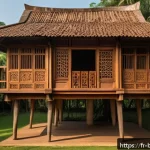 방글라데시의 전통 건축 양식 - A traditional Bangladeshi wooden house elevated on stilts, showcasing intricately hand-carved floral...
