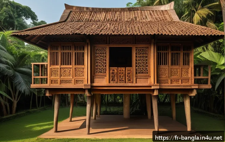 방글라데시의 전통 건축 양식 - A traditional Bangladeshi wooden house elevated on stilts, showcasing intricately hand-carved floral...
