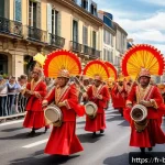 방글라데시 축제 두르가 푸자 Durga Puja - A vibrant street procession in a French town during a traditional festival, featuring participants d...