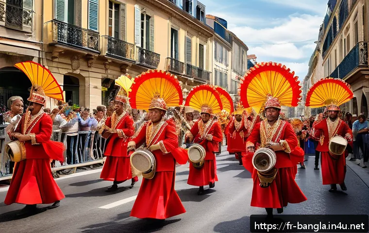 방글라데시 축제 두르가 푸자 Durga Puja - A vibrant street procession in a French town during a traditional festival, featuring participants d...