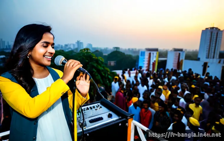 방글라데시 대중음악 - Photorealistic Bangladeshi pop music performance in a contemporary Dhaka-style rooftop venue at suns...